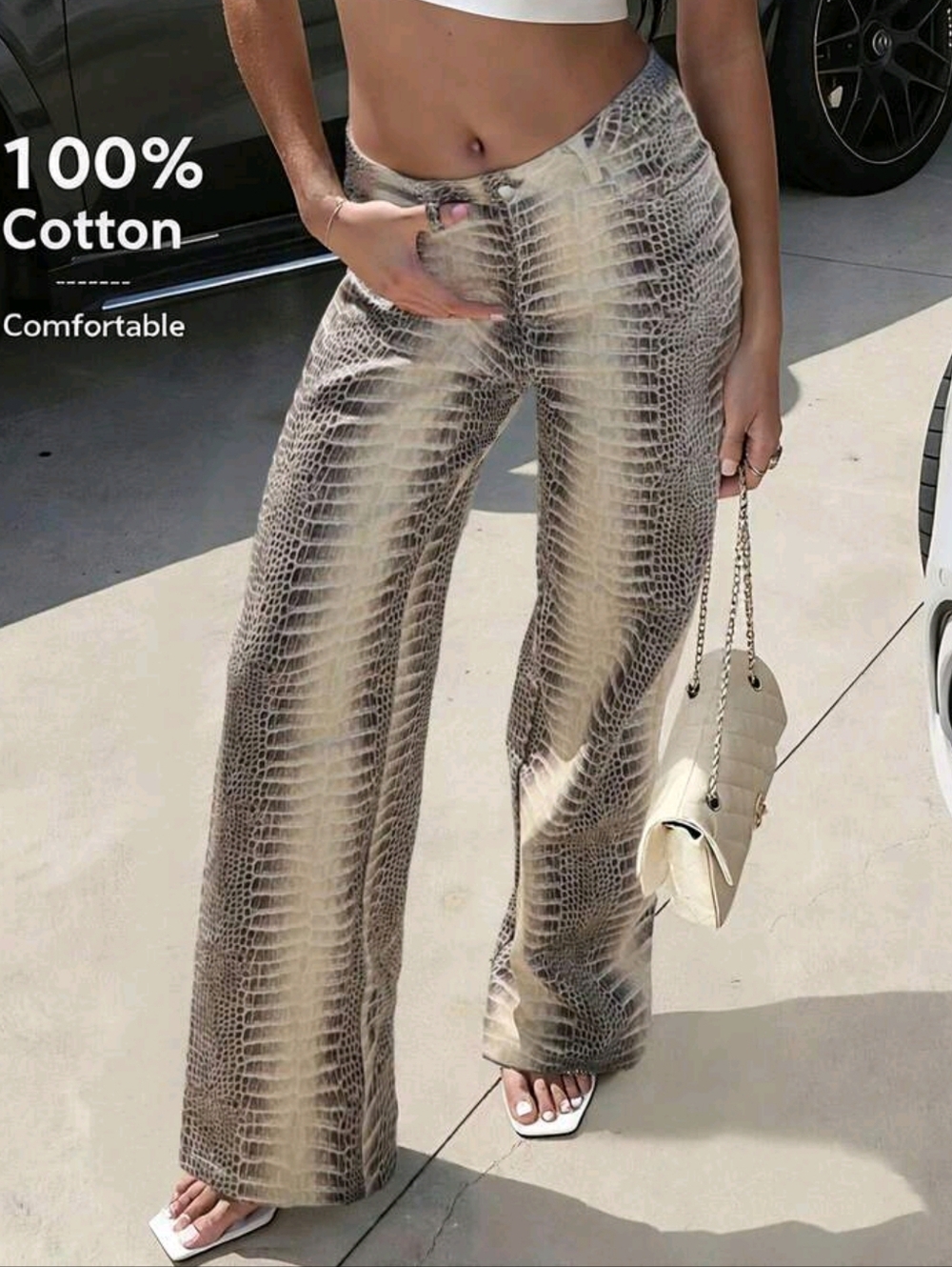 Wide Leg Snakeskin Print Pants - Beige - Picture 1 of 8
